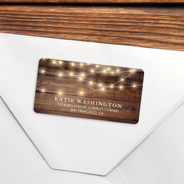Rustic Wood & String Lights | Vintage Lace Wedding Label | Zazzle