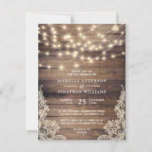 Rustic Wood & String Lights   Vintage Lace Wedding Magnetic Invitation