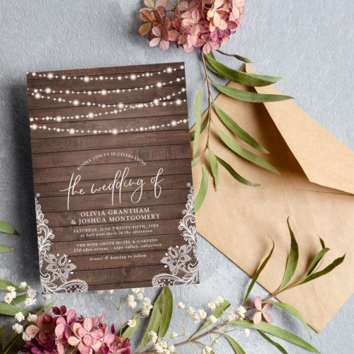 Rustic Wood String Lights  Vintage Lace Wedding Postcard