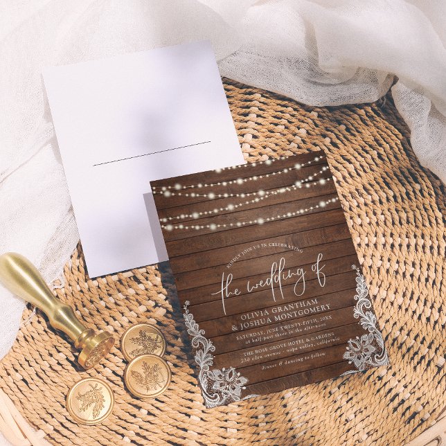 Rustic Wood, String Lights & Vintage Lace Wedding Postcard (Creator Uploaded)