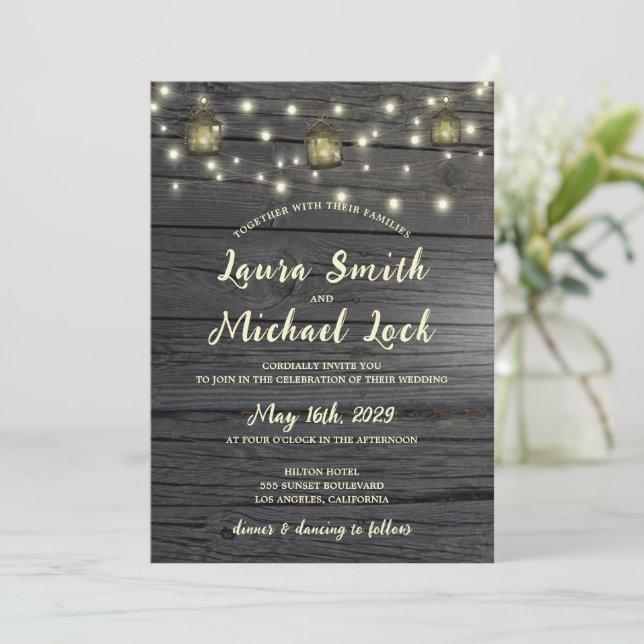 Rustic Wood String Lights Vintage Lanterns Wedding Invitation (Standing Front)