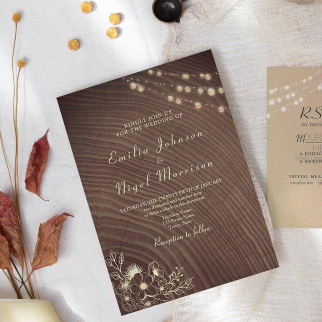 Rustic Wood String Lights Vintage Wedding Invitation (Creator Uploaded)