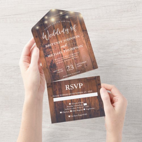 Rustic Wood String Lights Wedding All In One Invit All In One Invitation