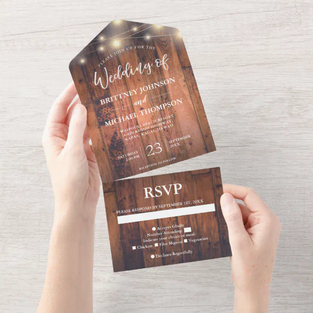 Rustic Wood String Lights Wedding All In One Invit Invitation | Zazzle