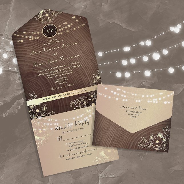 Rustic Wood String Lights Wedding All In One Invitation (Creator Uploaded)