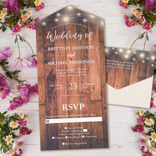 Rustic Wood String Lights Wedding All In One Invitation | Zazzle