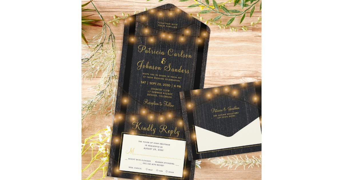 Rustic wood string lights wedding all in one invitation | Zazzle