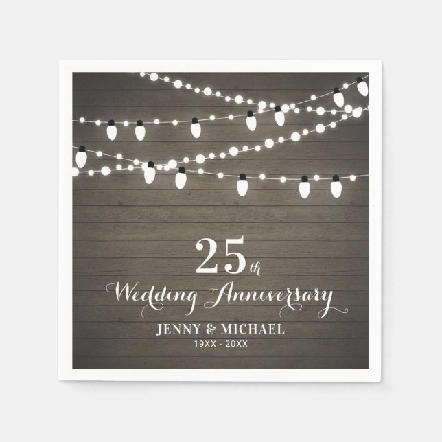 Rustic Wood & String Lights Wedding Anniversary Napkins (Front)