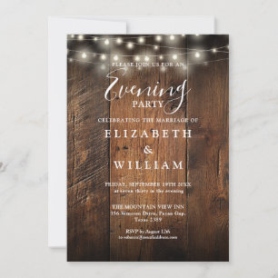 Rustic Wood String Lights Wedding Evening Party Invitation