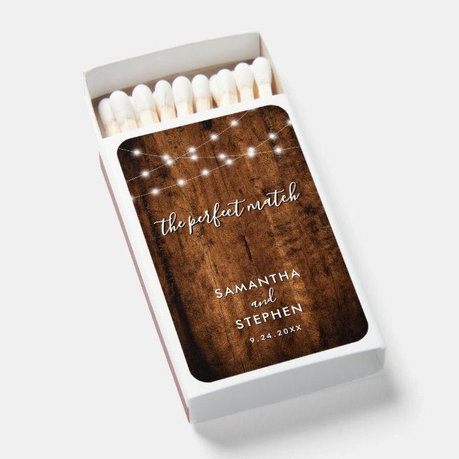 Rustic Wood & String Lights Wedding Favor Matchboxes (Front Open)