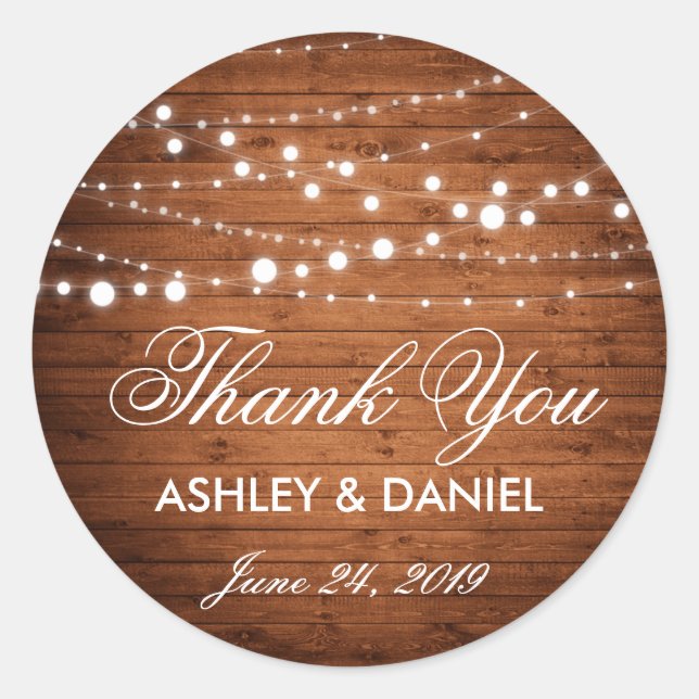 Rustic Wood String Lights Wedding Favor Stickers R (Front)