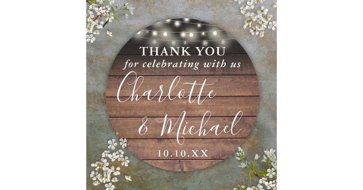 Rustic Wood String Lights Wedding Favor Thank You Classic Round Sticker ...