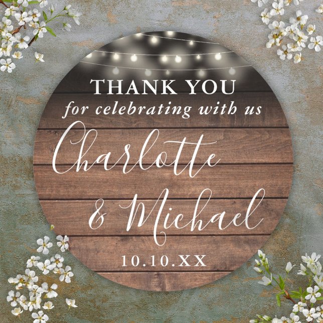 Rustic Wood String Lights Wedding Favor Thank You Classic Round Sticker (Rustic Wood String Lights Wedding Favor Thank You Classic Round Sticker)