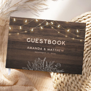 Rustic Wood String Lights Wedding Gold Foil Guest Book