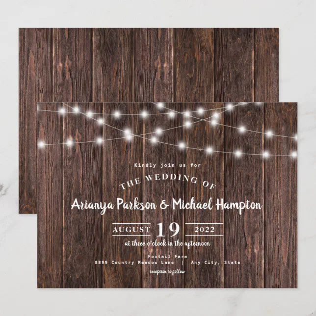 Rustic Wood String Lights Wedding Invitation | Zazzle