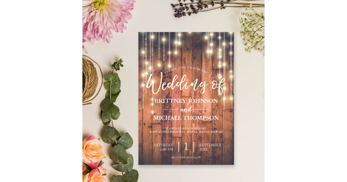 Rustic Wood String Lights Wedding Invitation | Zazzle