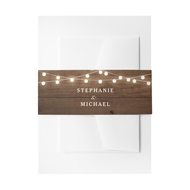 Rustic Wood String lights Wedding Invitation Belly Band (Front Example)