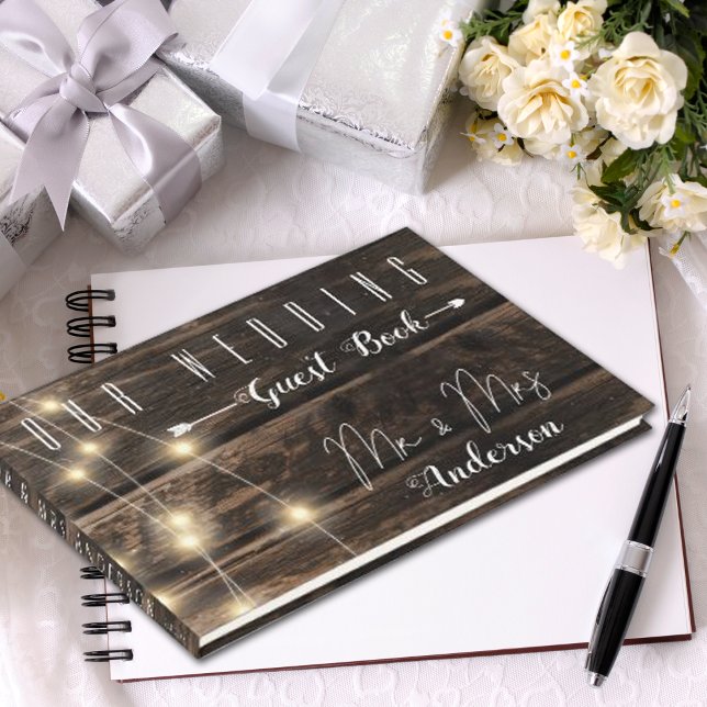 Rustic Wood String Lights Wedding Keepsake memory Guest Book (Creator Uploaded)
