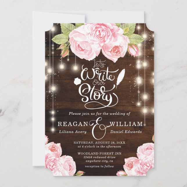 Rustic Wood String Lights Wedding Lettering Invitation (Front)