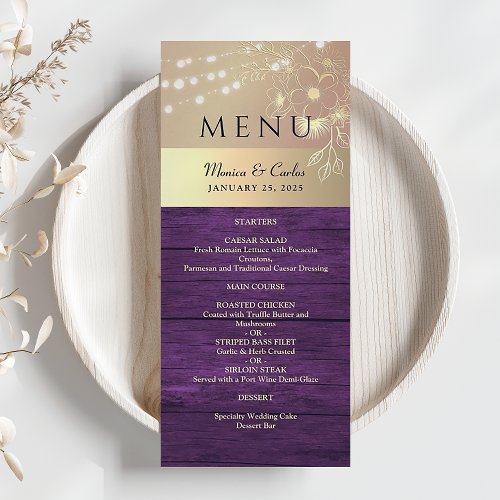 Rustic Wood String Lights Wedding Menu