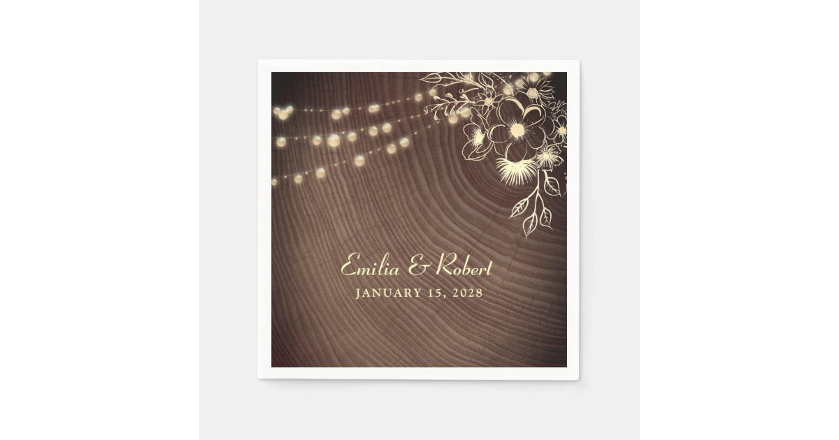 Rustic Wood String Lights Wedding Napkins | Zazzle