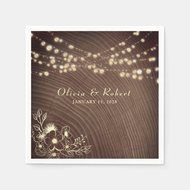 Rustic Wood String Lights Wedding Napkins (Front)