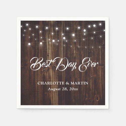 Rustic Wood String Lights Wedding Napkins