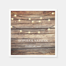 Rustic Wood String Lights Wedding Napkins