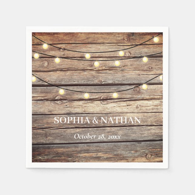Rustic Wood String Lights Wedding  Napkins (Front)