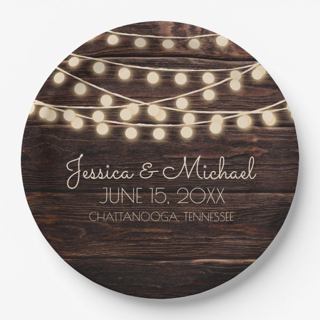 Rustic Wood String Lights Wedding Paper Plates (Front)