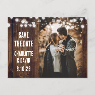 Rustic Wood String Lights Wedding Photo Announcement Postcard