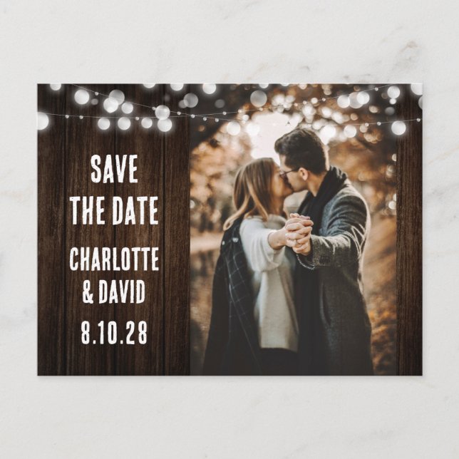 Rustic Wood String Lights Wedding Photo Announcement Postcard (Front)