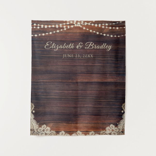 Rustic Wood String Lights Wedding Photo Backdrop (Front)