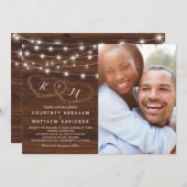 Rustic Wood String Lights Wedding Photo Invitation (Front/Back)
