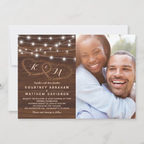 Rustic Wood String Lights Wedding Photo Invitation - Barn wedding invitations featuring a rustic country wood background, two carved hearts, your initials, a photo of the engaged couple, and a wedding text template that is easy to personalize. Click on the “Customize it” button for further personalization of this template. You will be able to modify all text, including the style, colors, and sizes. You will find matching items further down the page, if however you can't find what you looking for please contact me.