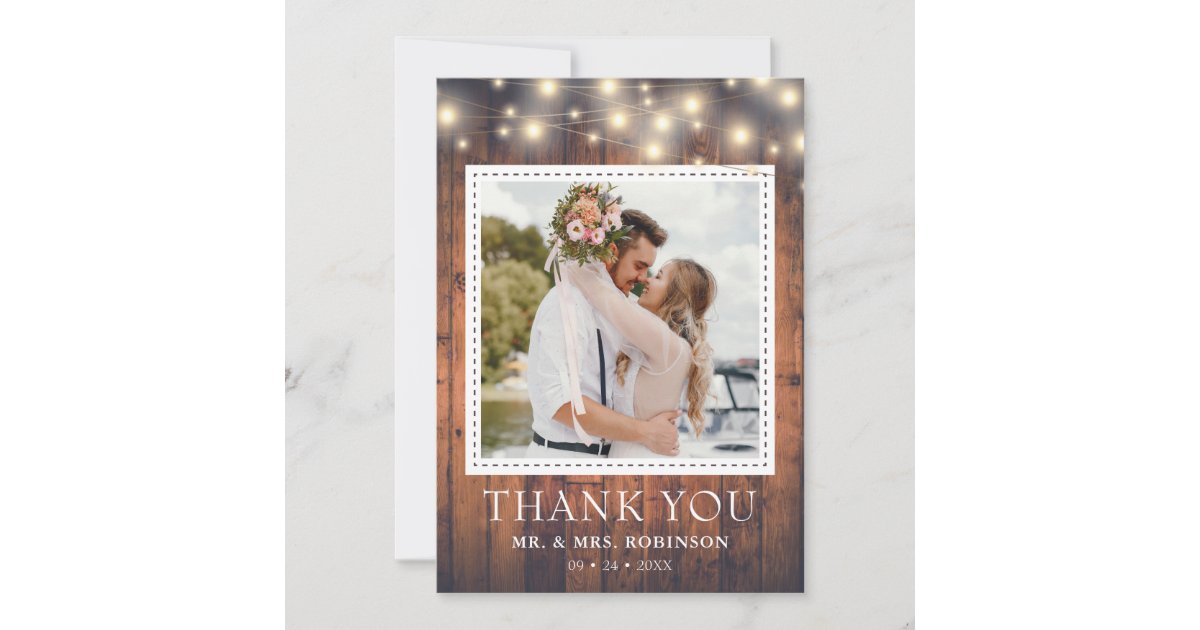 Rustic Wood String Lights Wedding Photo Thank You Card | Zazzle