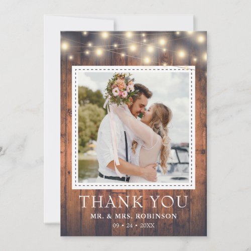 Rustic Wood String Lights Wedding Photo Thank You Card