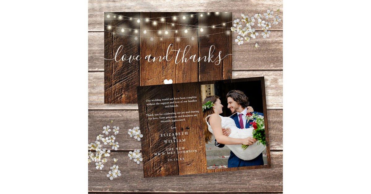 Rustic Wood String Lights Wedding Photo Thank You Card | Zazzle
