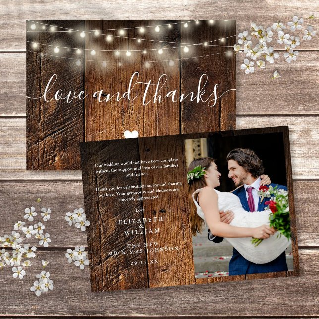 Rustic Wood String Lights Wedding Photo Thank You Card (Rustic Wood String Lights Wedding Photo Thank You Card)