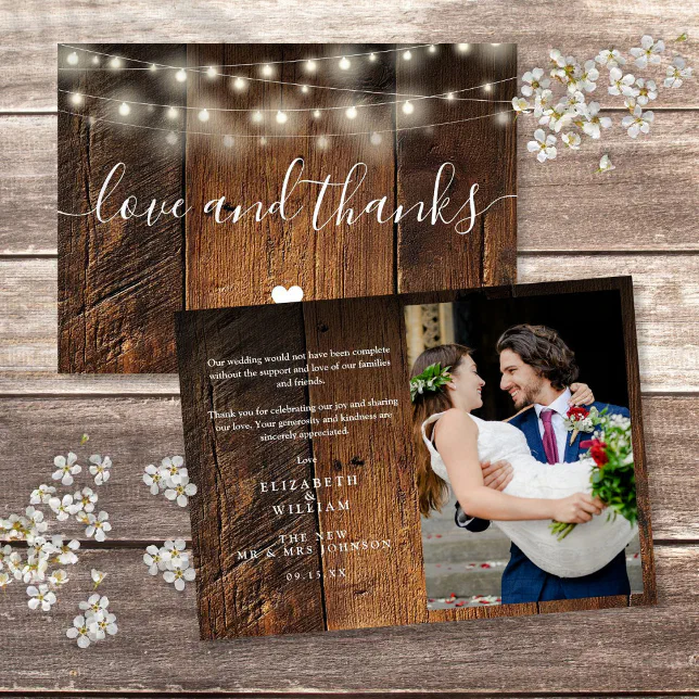 Rustic Wood String Lights Wedding Photo Thank You Card | Zazzle