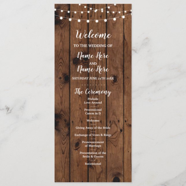 Rustic Wood & String Lights Wedding Program (Front)