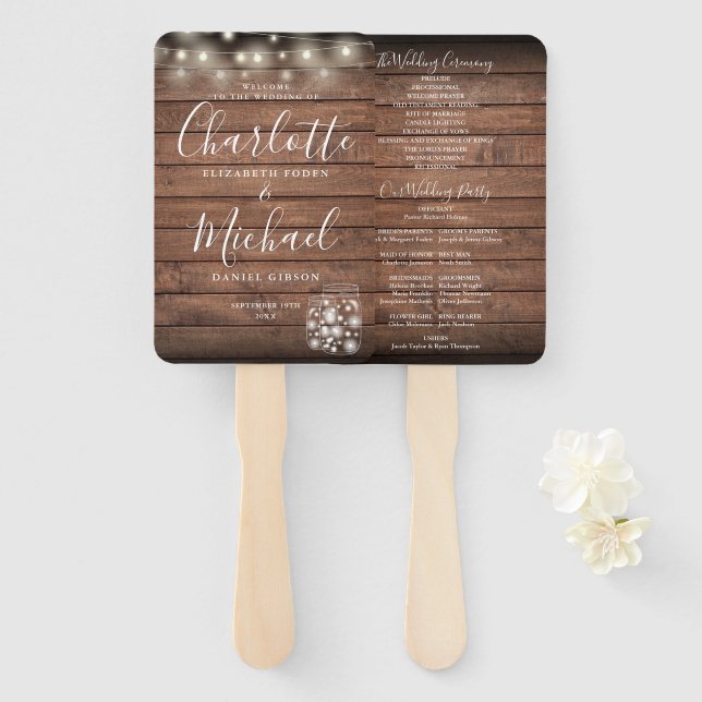 Rustic Wood String Lights Wedding Program Hand Fan (Front and Back)