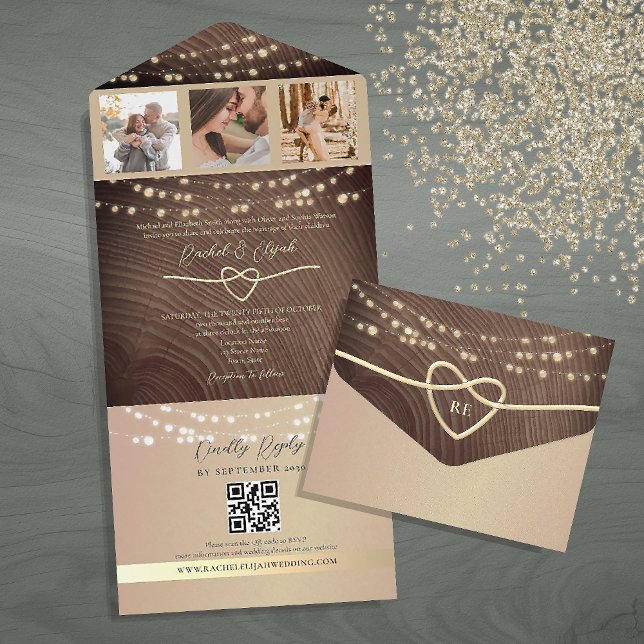 Rustic Wood String Lights Wedding QR Code All In One Invitation (Creator Uploaded)