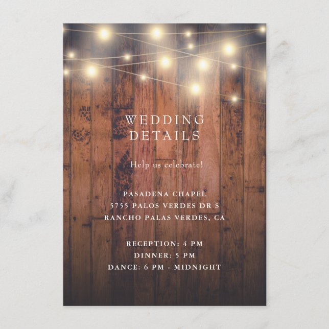 Rustic Wood String Lights Wedding Reception Enclosure Card (Front)
