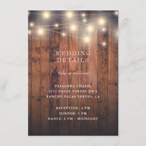 Rustic Wood String Lights Wedding Reception Enclosure Card