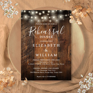 Rustic Wood String Lights Wedding Rehearsal Dinner Invitation