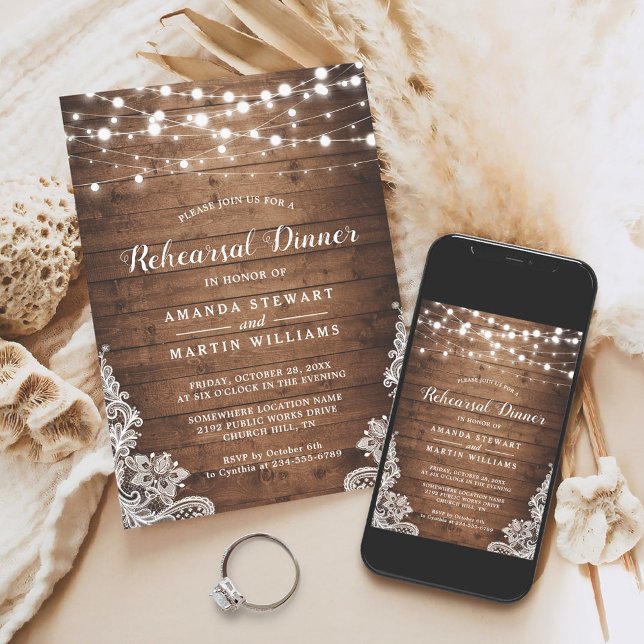 Rustic Wood String Lights Wedding Rehearsal Dinner Invitation (Creator Uploaded)
