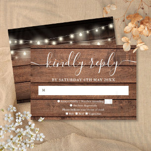 Rustic Wood String Lights Wedding RSVP Card