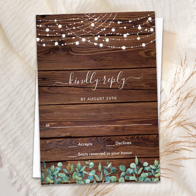 Rustic Wood String Lights Wedding RSVP  Note Card (Creator Uploaded)