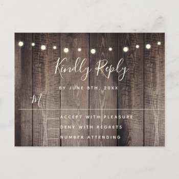 Rustic Wood String Lights Wedding Rsvp Postcard by Beanhamster at Zazzle